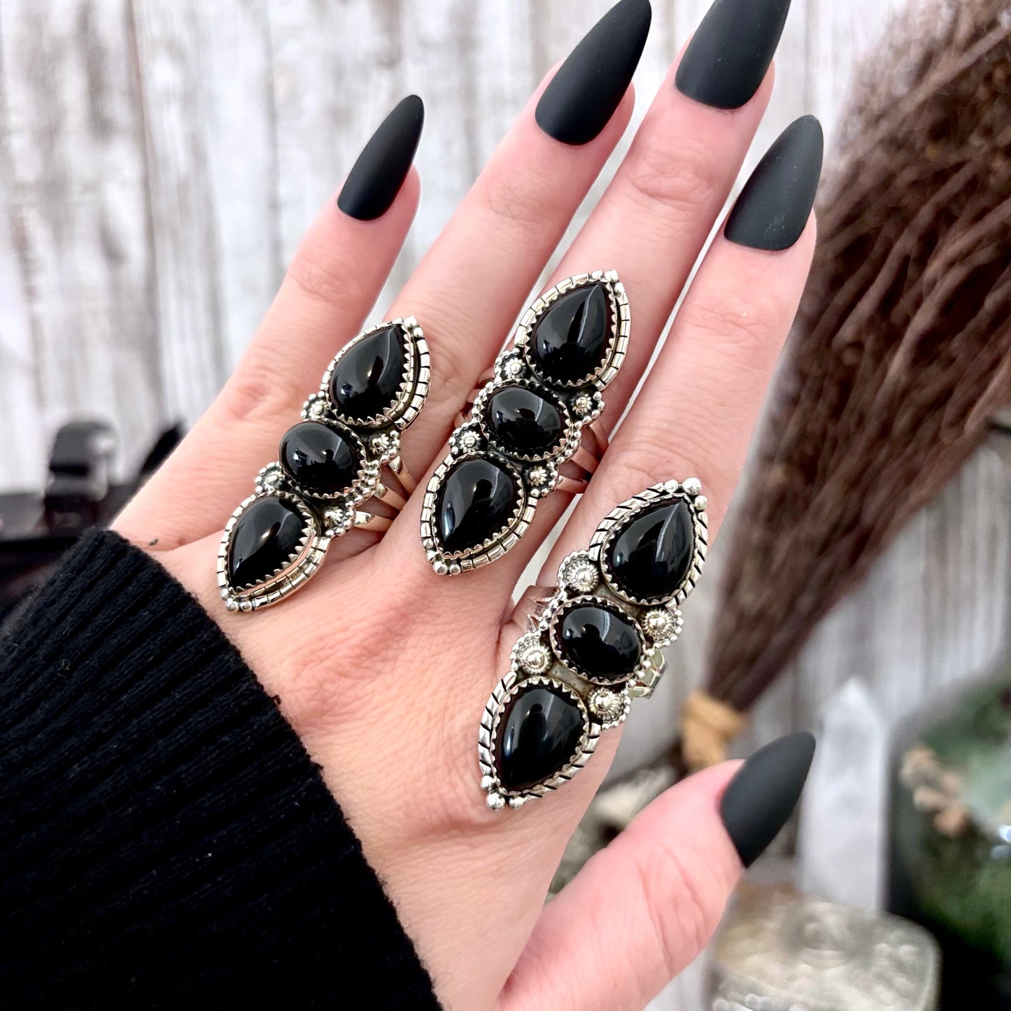 Three Stone Black Onyx Ring in Sterling Silver- Designed by FOXLARK Collection Size 6 7 8 9 10 11 / Big Crystal Ring Witchy Jewelry