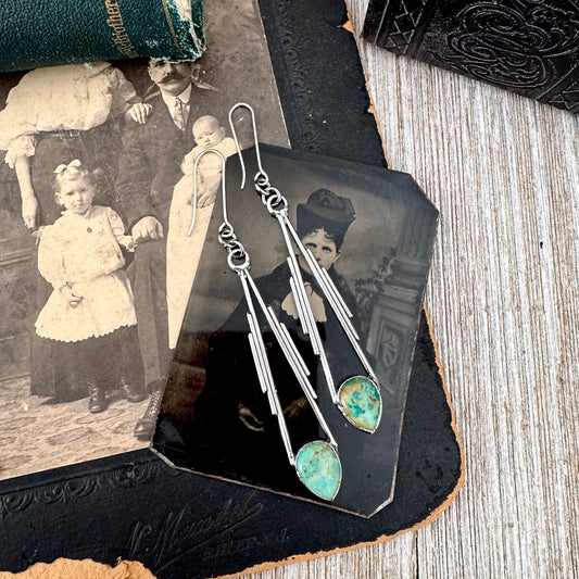 Tibetan Turquoise Long Dangle Earrings in Fine Silver
