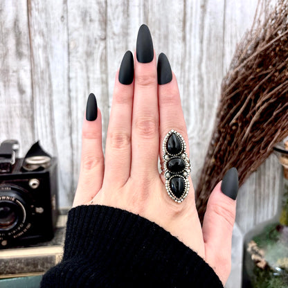 Three Stone Black Onyx Ring in Sterling Silver- Designed by FOXLARK Collection Size 6 7 8 9 10 11 / Big Crystal Ring Witchy Jewelry