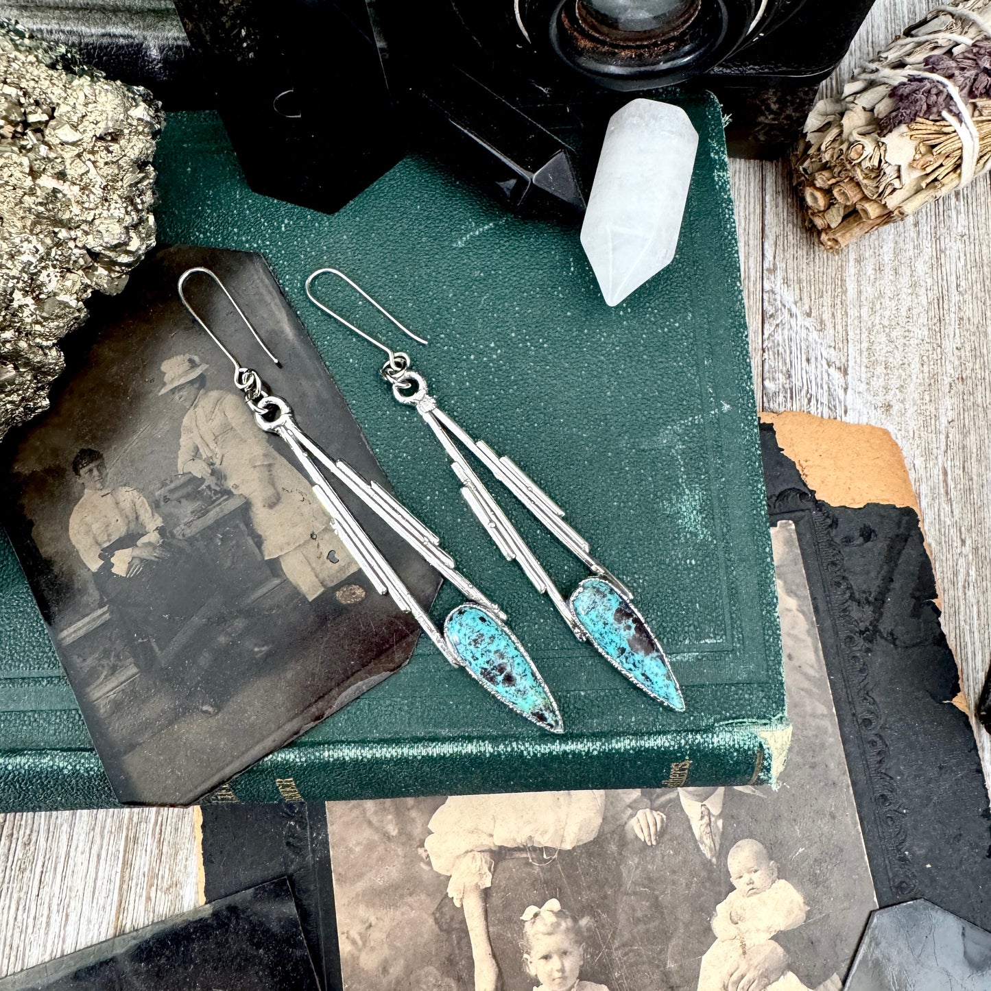 Tibetan Turquoise Dramatic Drop Earrings in Fine Silver