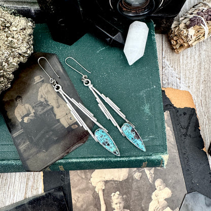 Tibetan Turquoise Dramatic Drop Earrings in Fine Silver