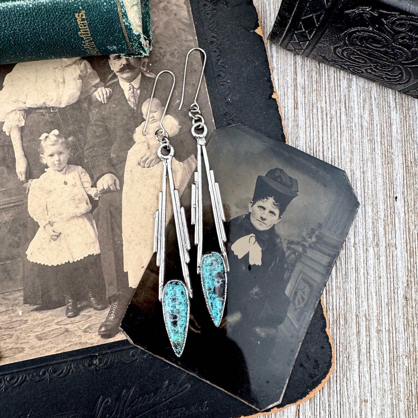 Tibetan Turquoise Dramatic Drop Earrings in Fine Silver