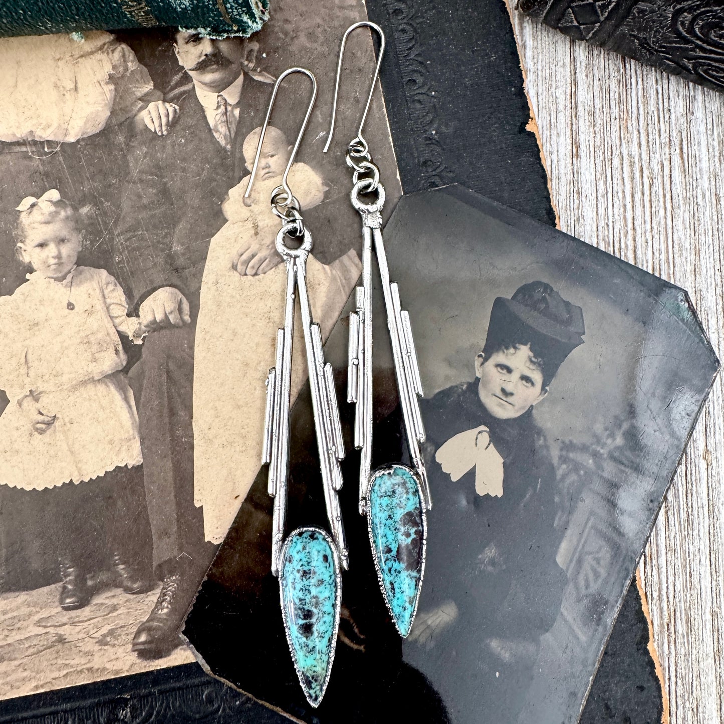 Tibetan Turquoise Dramatic Drop Earrings in Fine Silver