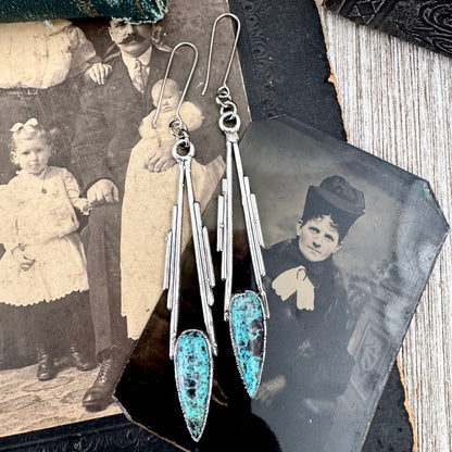 Tibetan Turquoise Dramatic Drop Earrings in Fine Silver