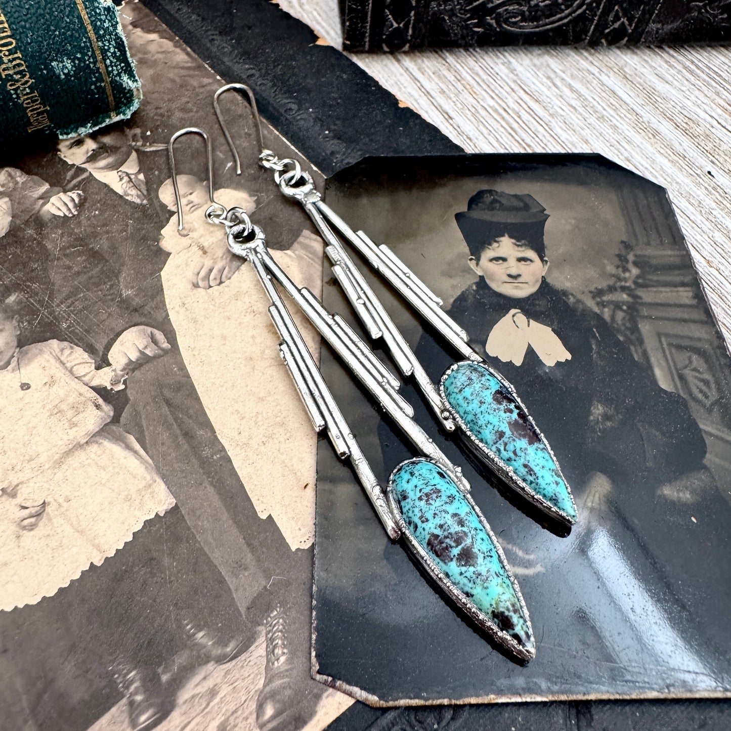 Tibetan Turquoise Dramatic Drop Earrings in Fine Silver