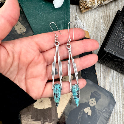 Tibetan Turquoise Dramatic Drop Earrings in Fine Silver