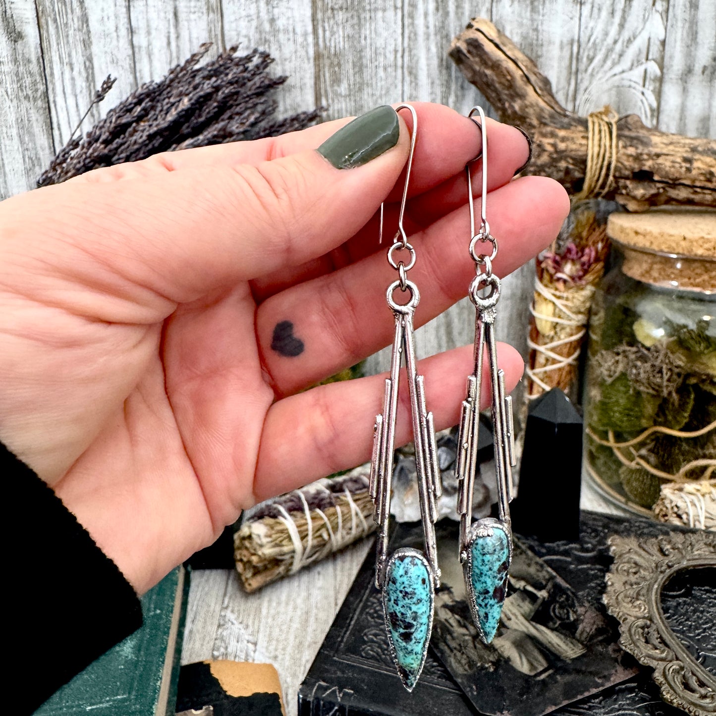 Tibetan Turquoise Dramatic Drop Earrings in Fine Silver
