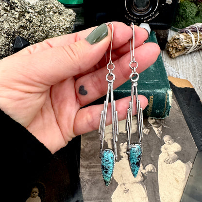 Tibetan Turquoise Dramatic Drop Earrings in Fine Silver