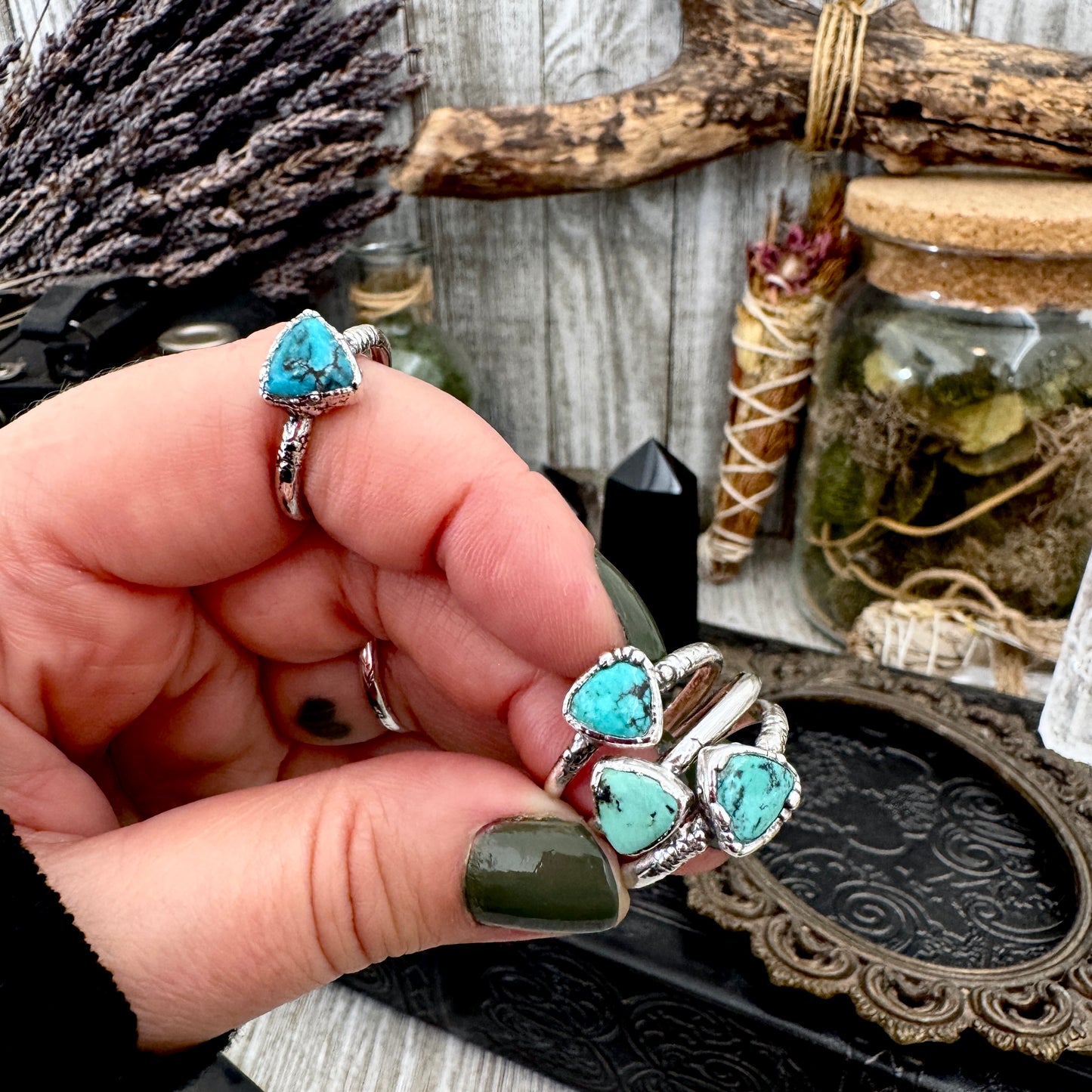 Handmade Tibetan Turquoise Ring in Fine Silver / Size 6.5 8 9 10 10.5 / Foxlark Collection