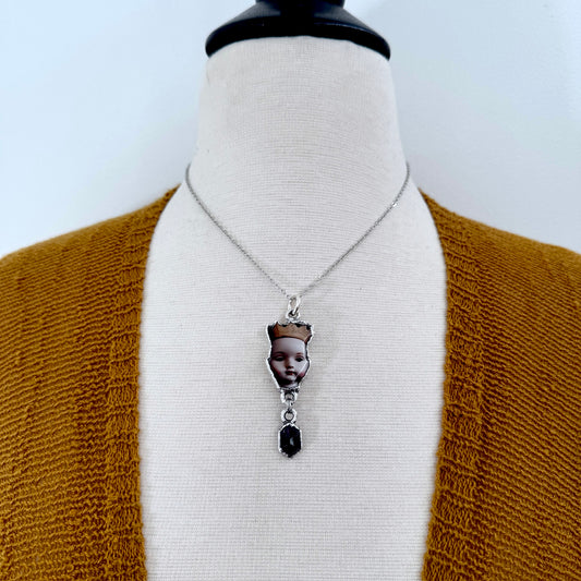 doll head necklace, garnet, fine silver