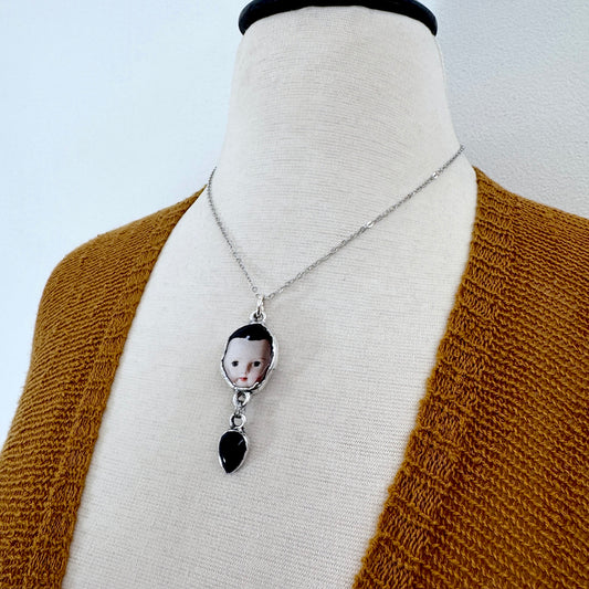 doll head necklace, obsidian, fine silver
