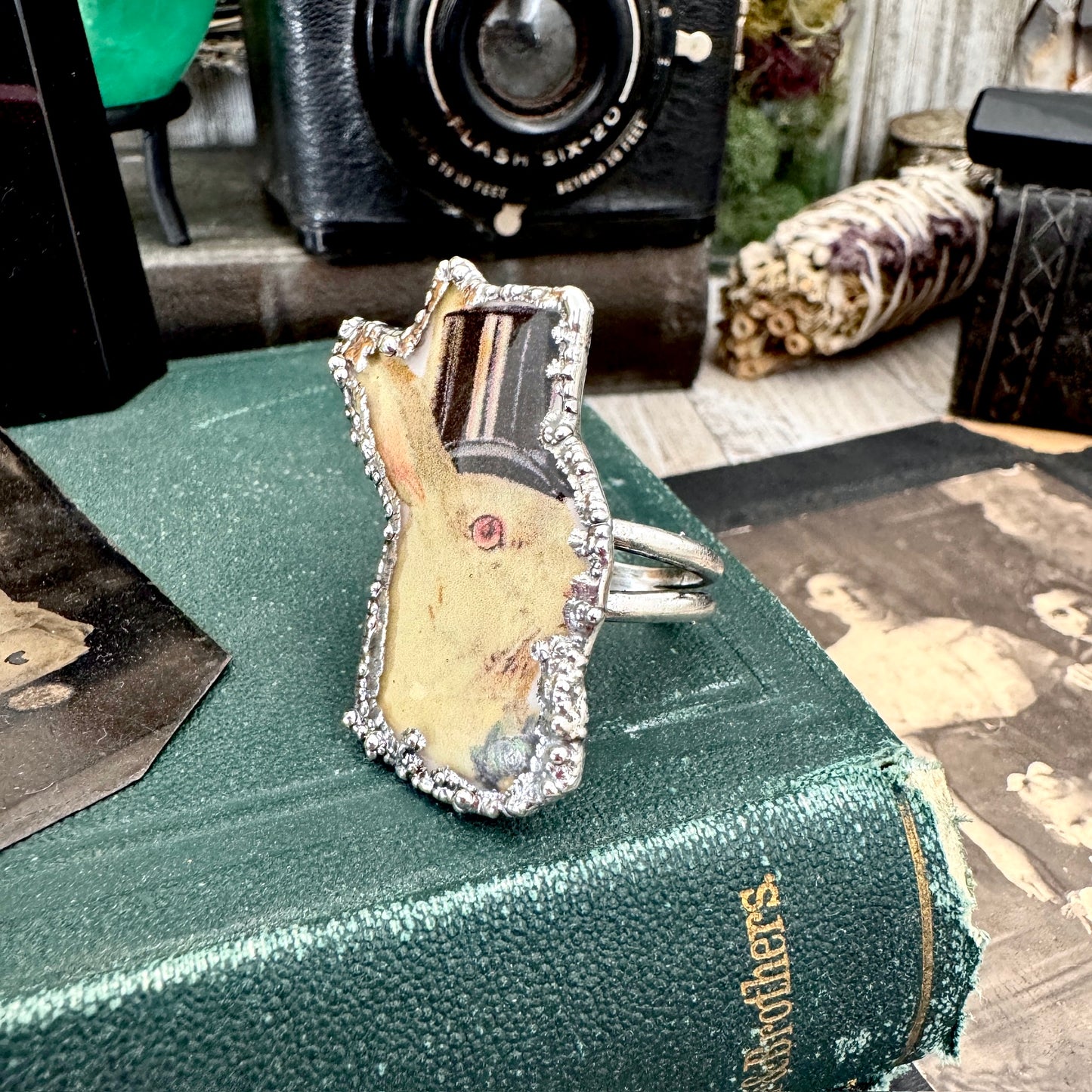 Vintage Rabbit with Top Hat- Fine Silver Ring Size 10 The Paper Projects Collection / One of a Kind
