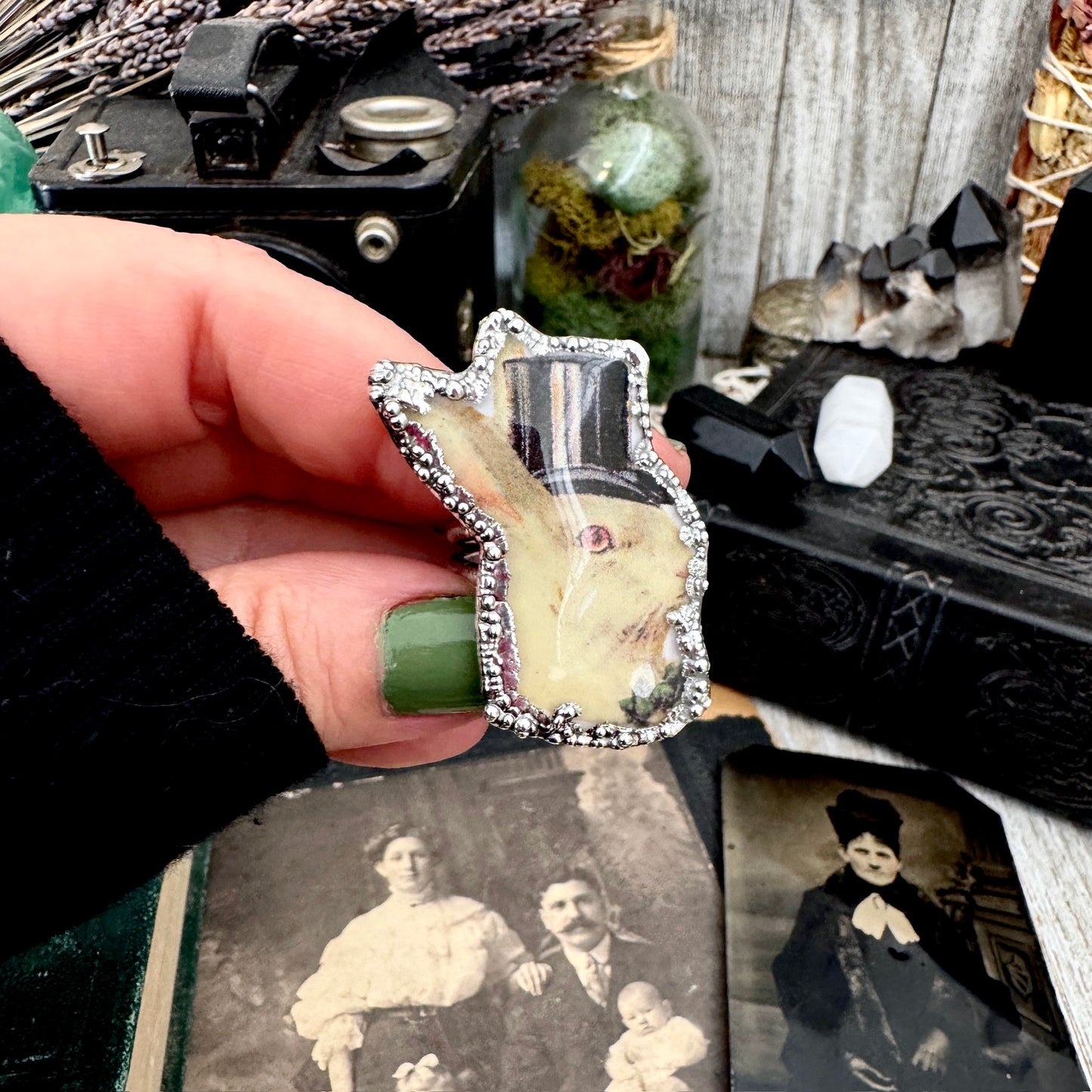 Vintage Rabbit with Top Hat- Fine Silver Ring Size 10 The Paper Projects Collection / One of a Kind