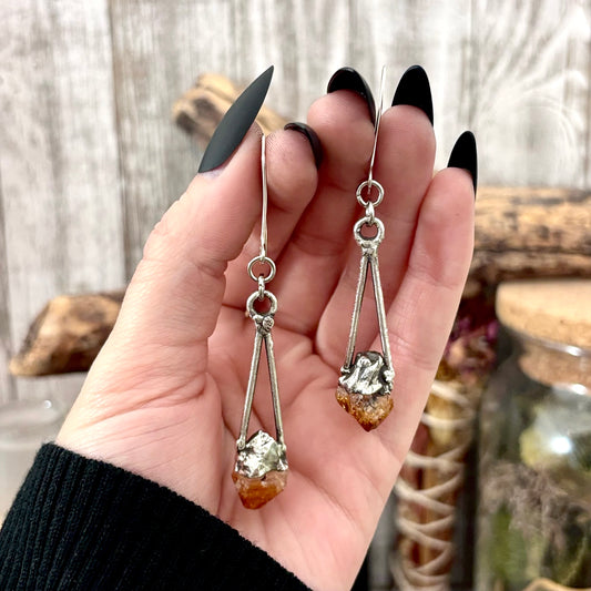 Raw Citrine Fine Silver Crystal Dangle Earrings / Long Dangle Witchy Earrings