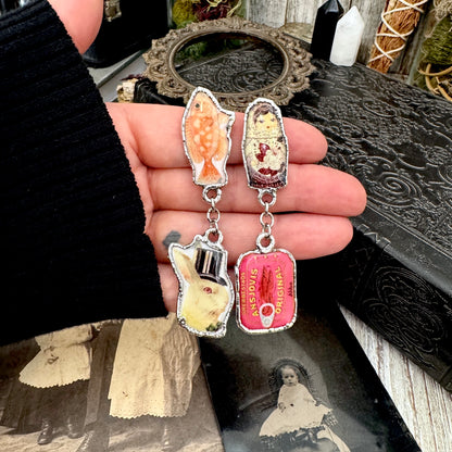 Mismatched Long Fine Silver Earrings - Vintage Fish, Rabbit, Nesting Doll and Sardines / One of a Kind