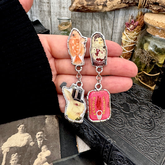 Mismatched Long Fine Silver Earrings - Vintage Fish, Rabbit, Nesting Doll and Sardines / One of a Kind