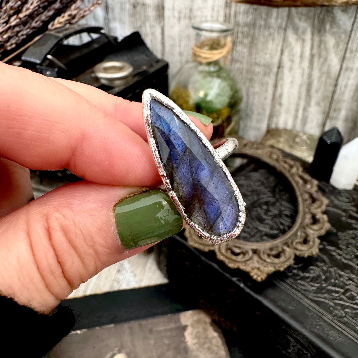 Blue Labradorite Ring Fine Silver Small Faceted Stone Ring Size 5 6 7 8 9 10 11 / Foxlark Collection