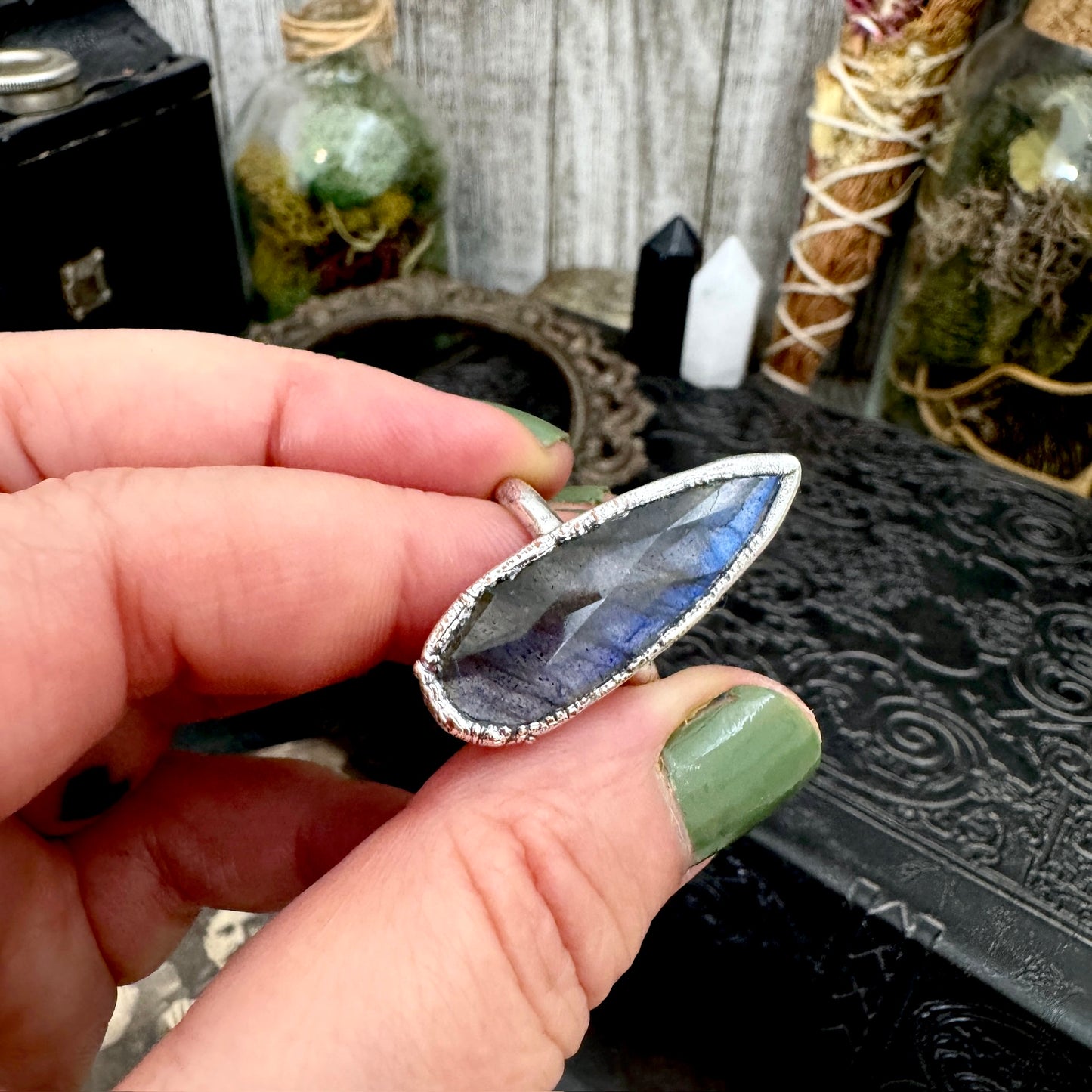 Blue Labradorite Ring Fine Silver Small Faceted Stone Ring Size 5 6 7 8 9 10 11 / Foxlark Collection