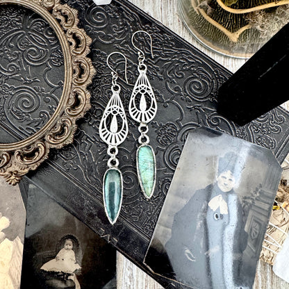 Blue Labradorite Fine Silver Crystal Dangle Earrings / Long Dangle Witchy Earrings
