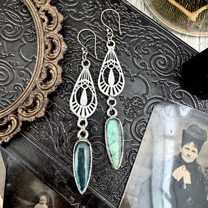 Blue Labradorite Fine Silver Crystal Dangle Earrings / Long Dangle Witchy Earrings