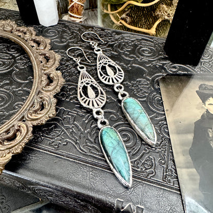Blue Labradorite Fine Silver Crystal Dangle Earrings / Long Dangle Witchy Earrings