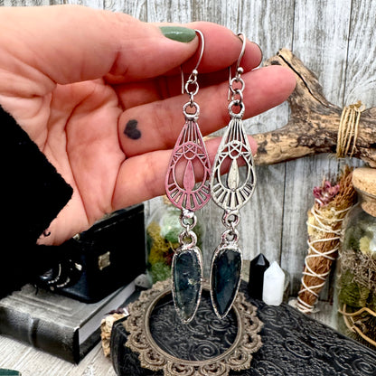 Blue Labradorite Fine Silver Crystal Dangle Earrings / Long Dangle Witchy Earrings