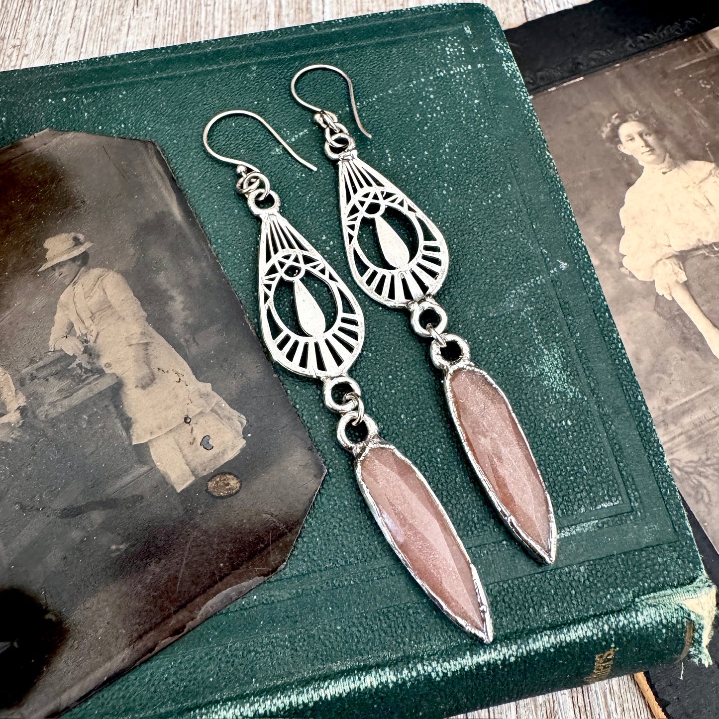 Peach Moonstone Fine Silver Crystal Dangle Earrings / Long Dangle Witchy Earrings