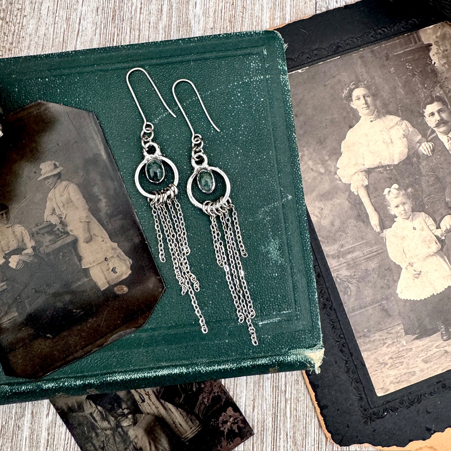 Moss Agate Fine Silver Crystal Hoop Fringe Earrings / Long Dangle Witchy Earrings