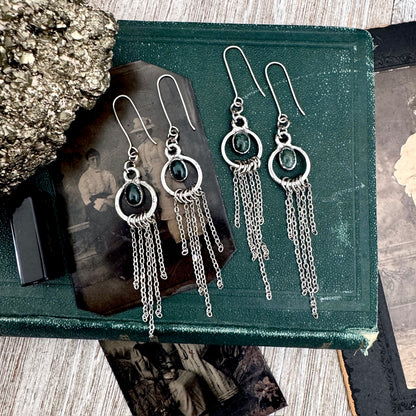Moss Agate Fine Silver Crystal Hoop Fringe Earrings / Long Dangle Witchy Earrings