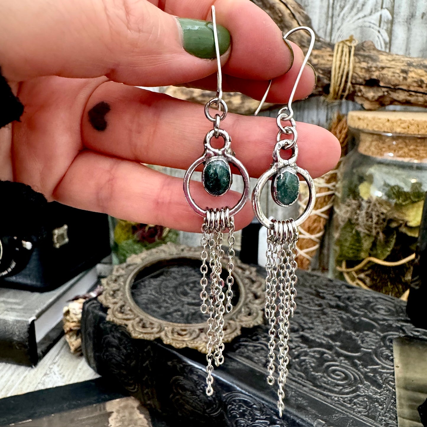 Moss Agate Fine Silver Crystal Hoop Fringe Earrings / Long Dangle Witchy Earrings