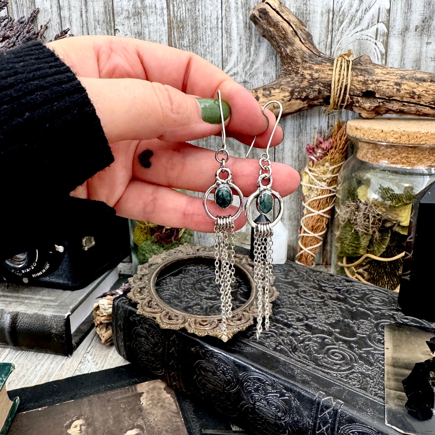 Moss Agate Fine Silver Crystal Hoop Fringe Earrings / Long Dangle Witchy Earrings