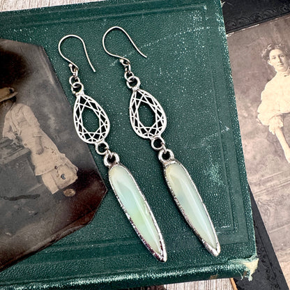 Blue Chalcedony Fine Silver Crystal Dangle Earrings / Long Dangle Witchy Earrings