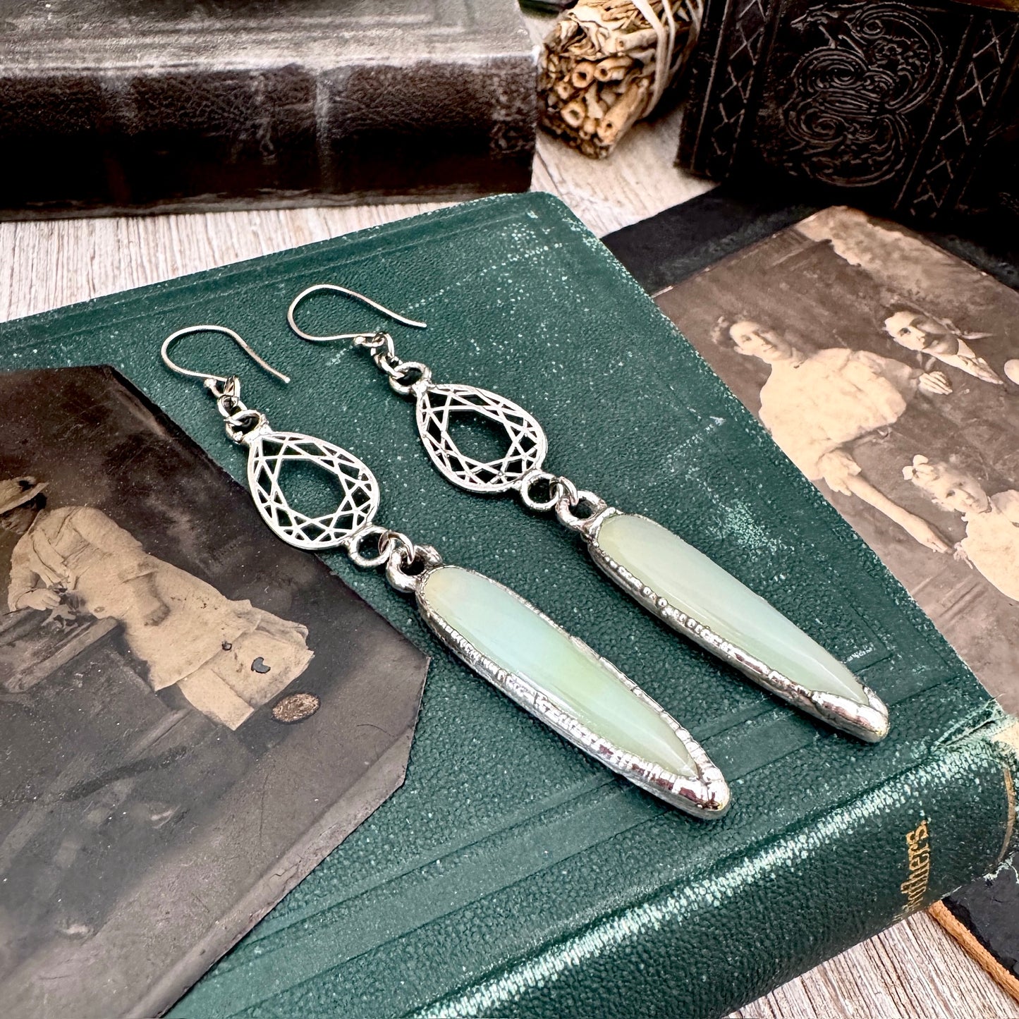 Blue Chalcedony Fine Silver Crystal Dangle Earrings / Long Dangle Witchy Earrings