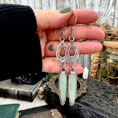 Blue Chalcedony Fine Silver Crystal Dangle Earrings / Long Dangle Witchy Earrings