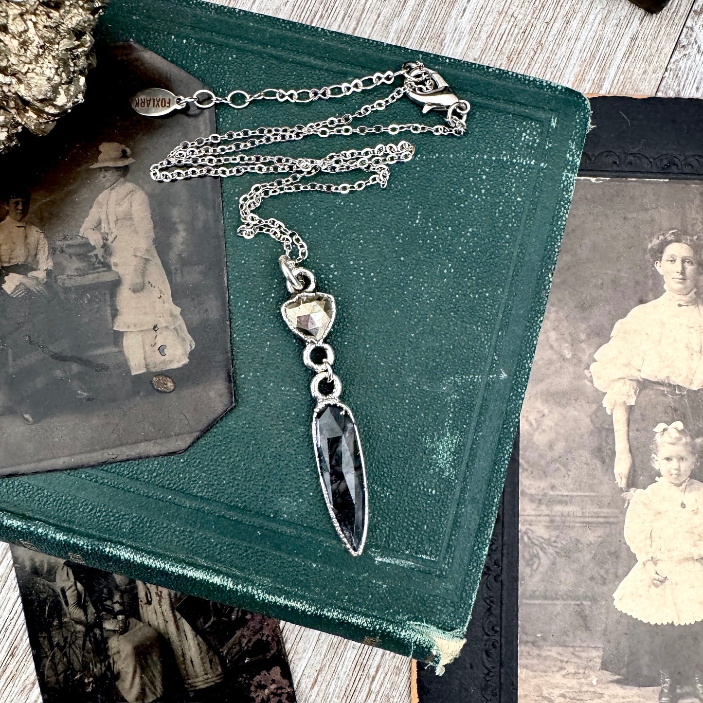 Multi Stone Pyrite and Moss Agate Charm Necklace in Fine Silver / Foxlark Collection