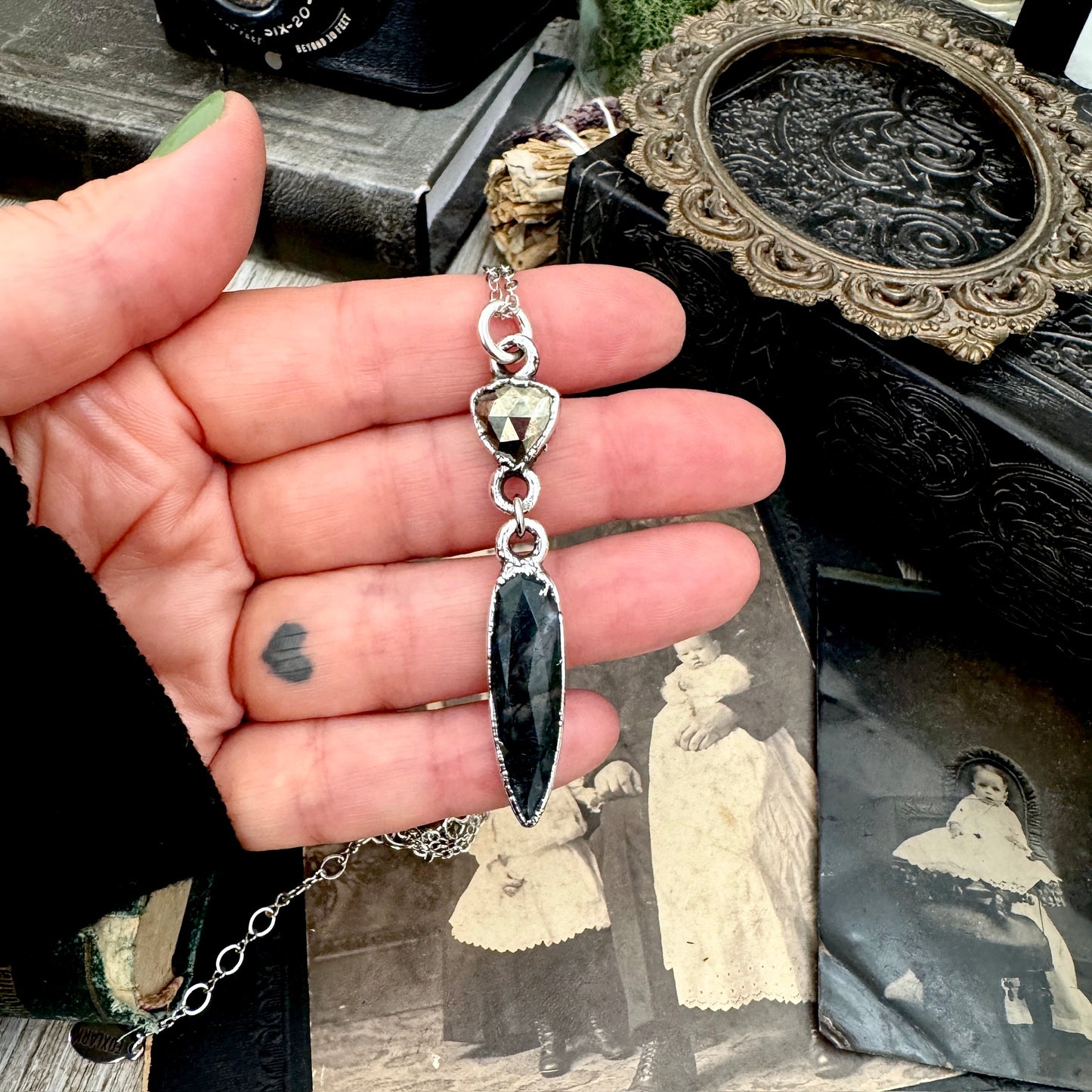 Multi Stone Pyrite and Moss Agate Charm Necklace in Fine Silver / Foxlark Collection