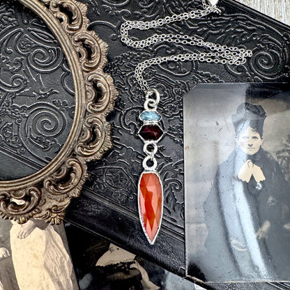 Multi Stone Blue Kyanite, Garnet and Carnelian Charm Necklace in Fine Silver / Foxlark Collection