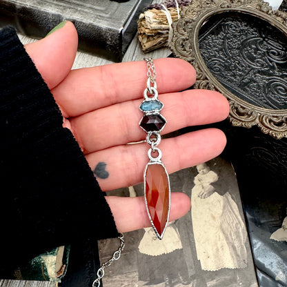 Multi Stone Blue Kyanite, Garnet and Carnelian Charm Necklace in Fine Silver / Foxlark Collection