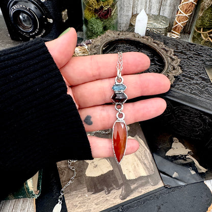 Multi Stone Blue Kyanite, Garnet and Carnelian Charm Necklace in Fine Silver / Foxlark Collection