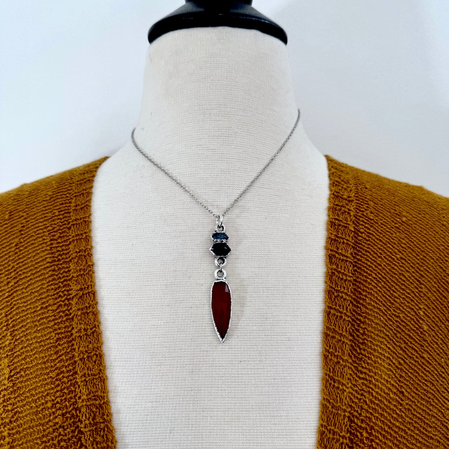Multi Stone Blue Kyanite, Garnet and Carnelian Charm Necklace in Fine Silver / Foxlark Collection