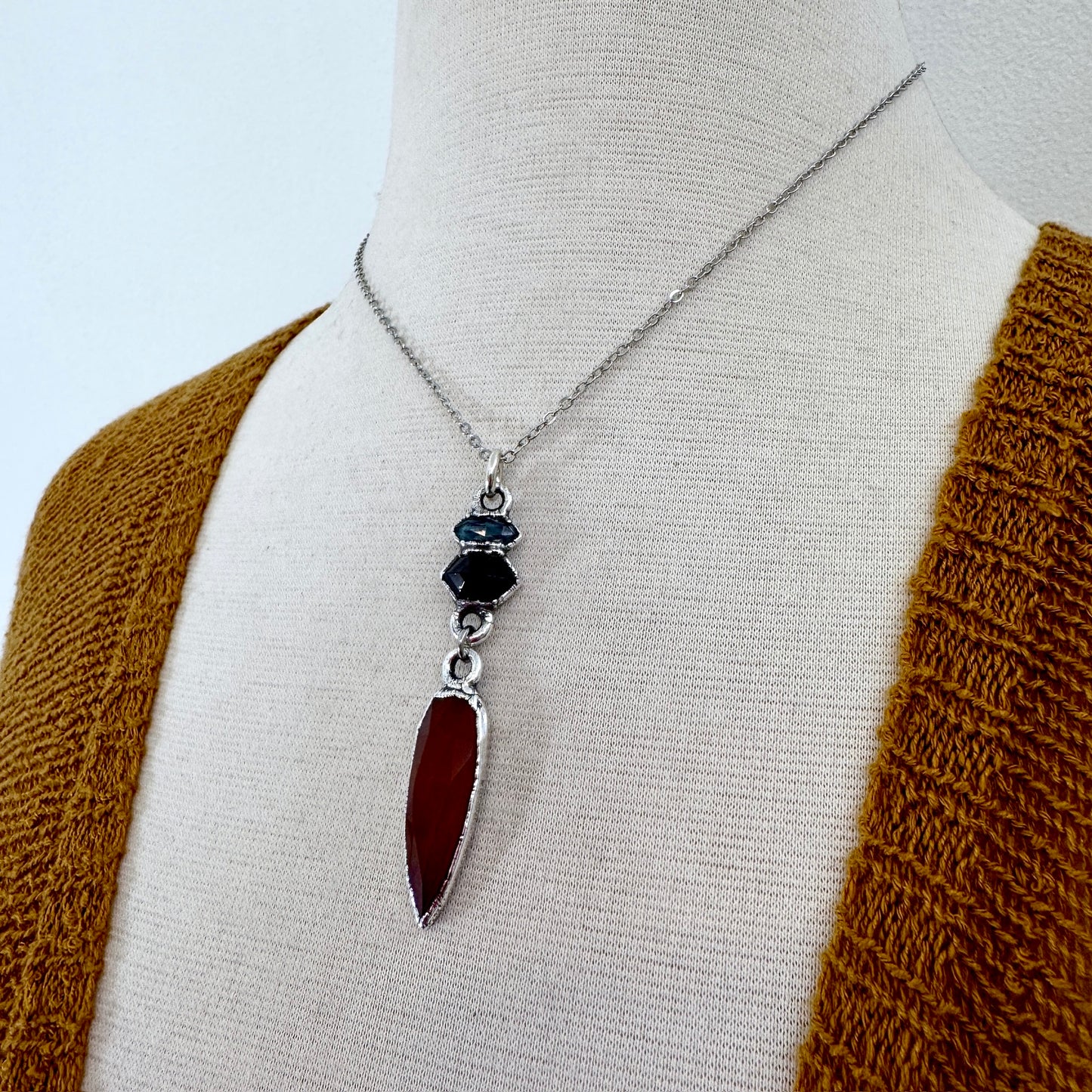 Multi Stone Blue Kyanite, Garnet and Carnelian Charm Necklace in Fine Silver / Foxlark Collection