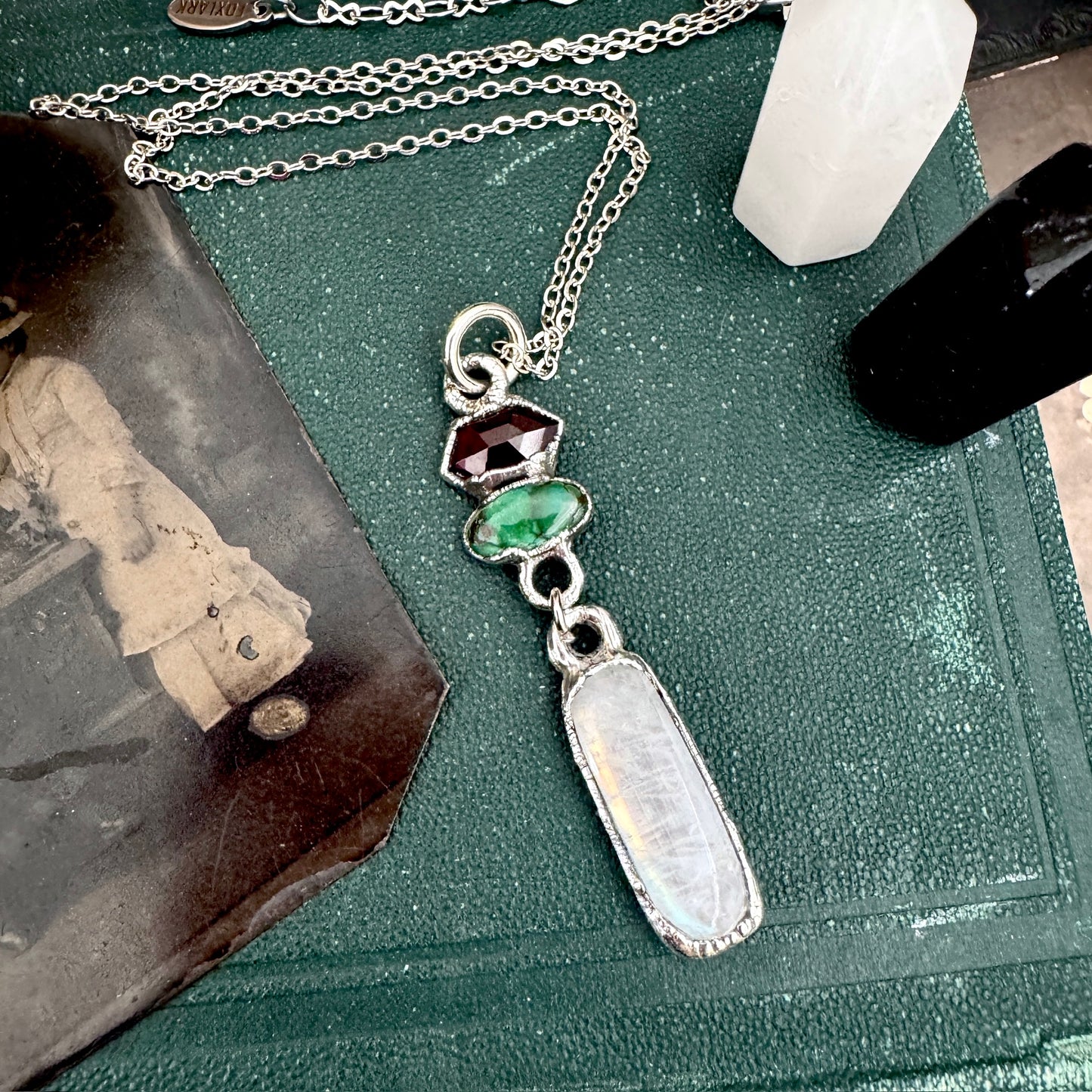 Multi Stone Garnet, Sapphire and Moonstone Charm Necklace in Fine Silver / Foxlark Collection