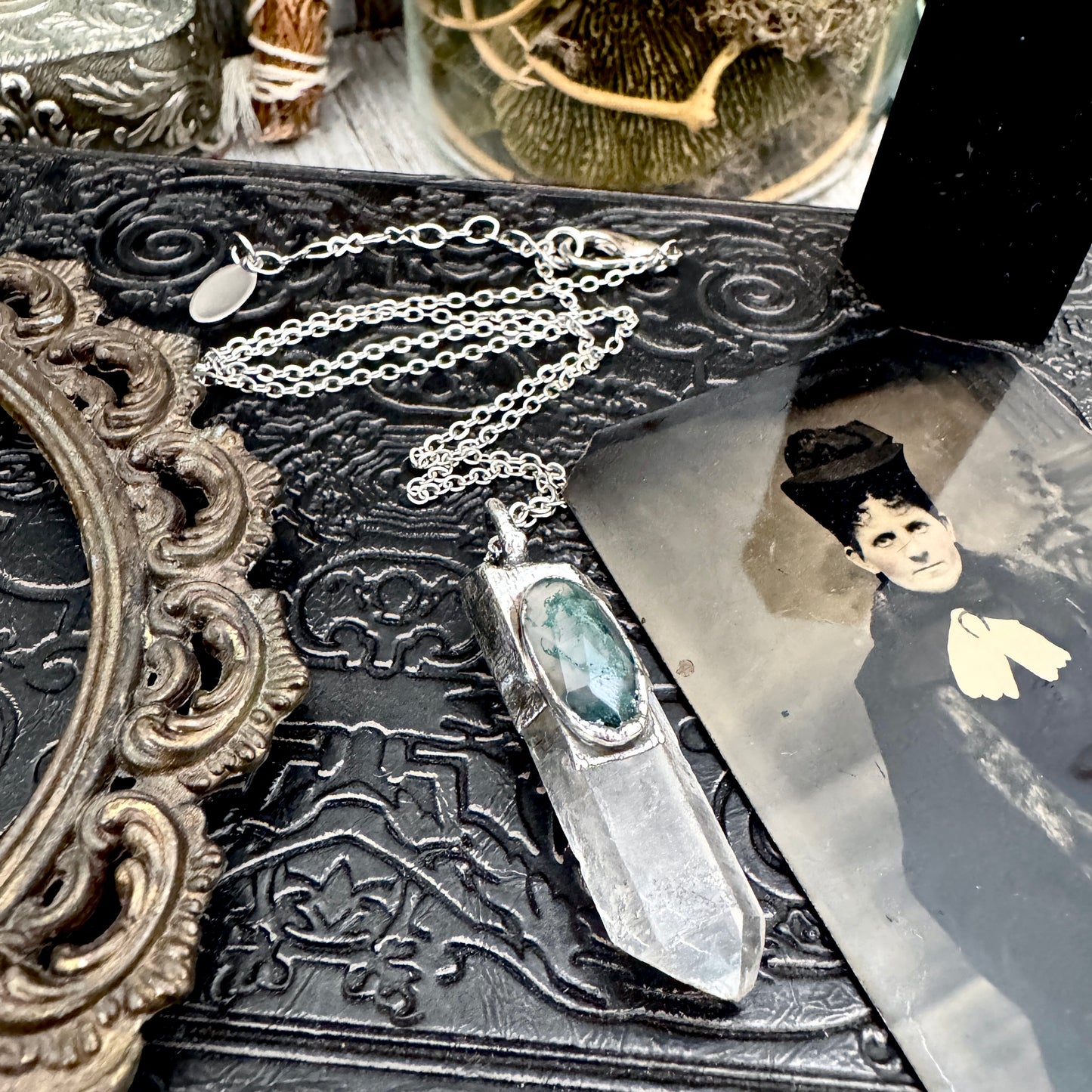Clear Quartz & Moss Agate Crystal Statement Necklace in Fine Silver / Foxlark Collection - One of a Kind