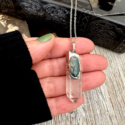 Clear Quartz & Moss Agate Crystal Statement Necklace in Fine Silver / Foxlark Collection - One of a Kind