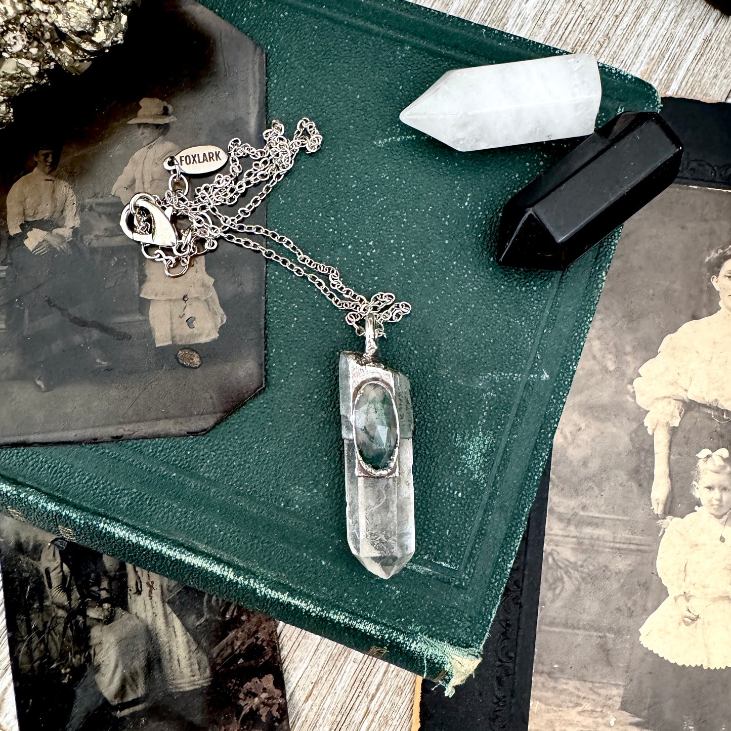 Clear Quartz & Moss Agate Crystal Statement Necklace in Fine Silver / Foxlark Collection - One of a Kind