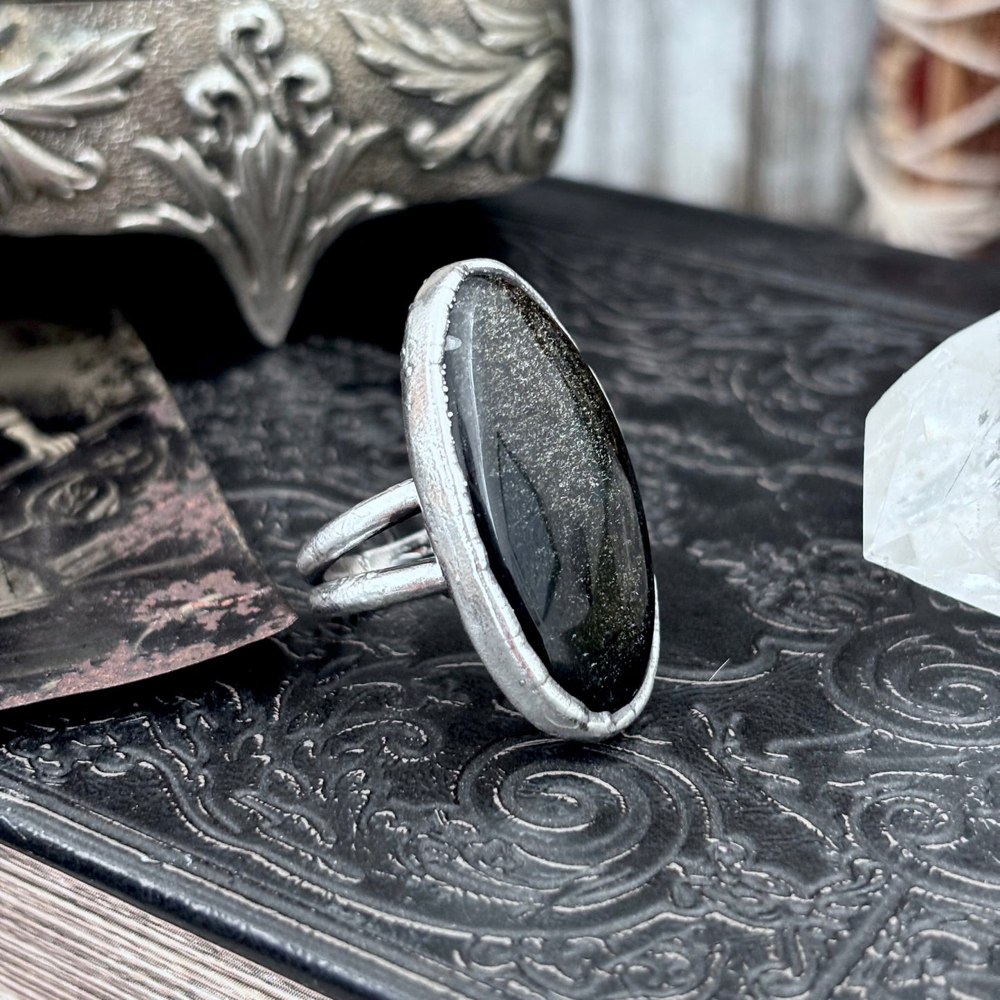 Golden  Sheen Obsidian Crystal Ring Fine Silver Size 7 / Foxlark Collection - One of a Kind