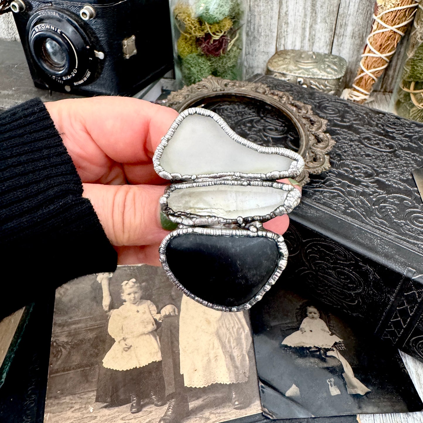 Multi Stone River Rock Clear Quartz and Sea-glass Ring In Silver Size 8.5 / Foxlark Collection