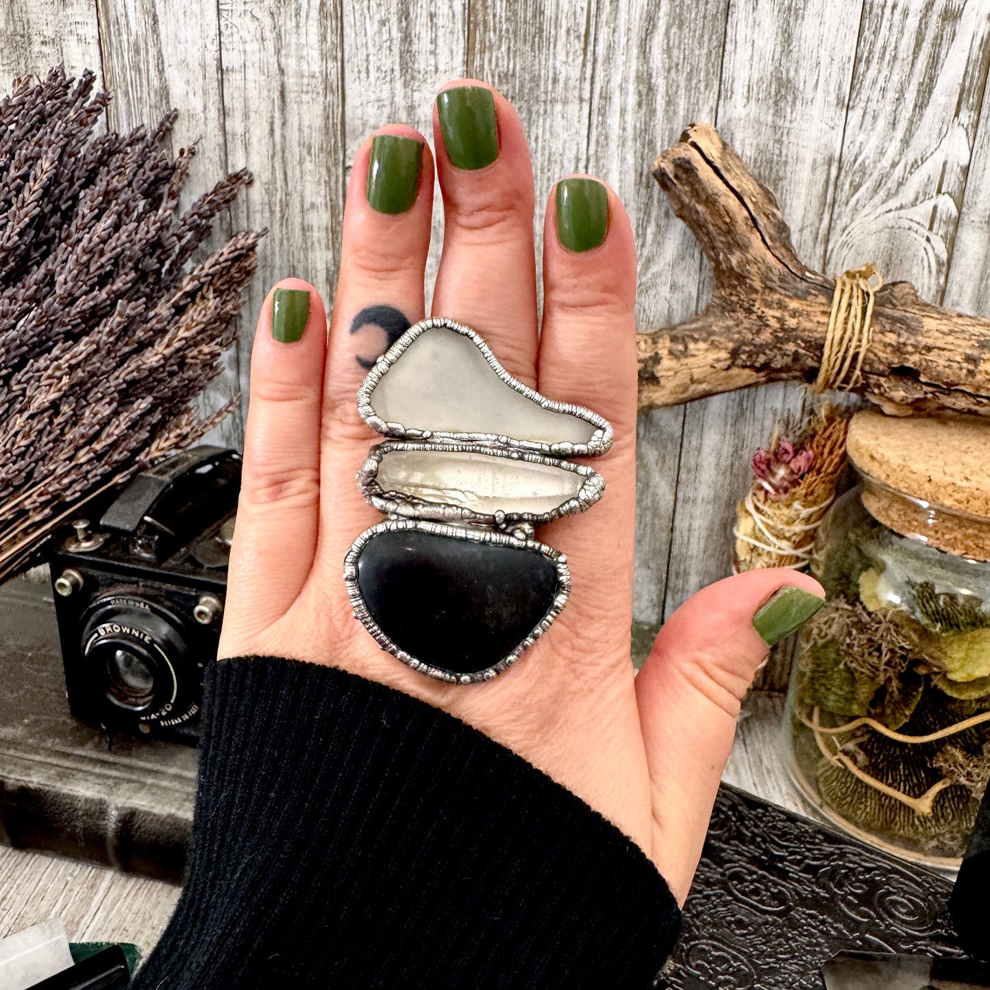 Multi Stone River Rock Clear Quartz and Sea-glass Ring In Silver Size 8.5 / Foxlark Collection