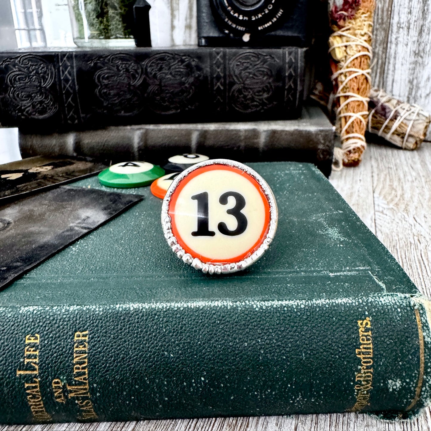 Playing Games - #13 Vintage Pool Ball Ring Fine Silver Size 10 / One of a Kind