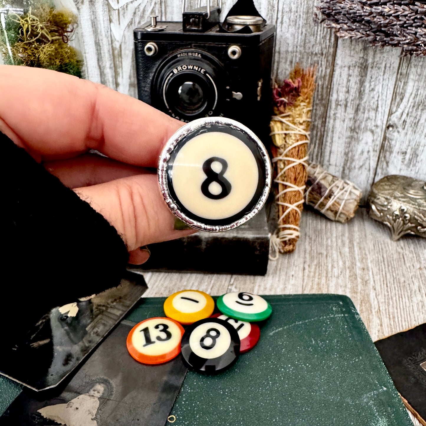 Playing Games - #8 Vintage Pool Ball Ring Fine Silver Size 8.5/ One of a Kind